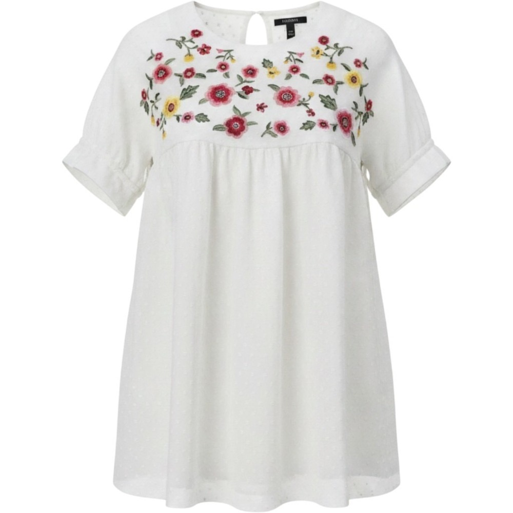 Forever 21 Dress Womens S White Floral Embroidered Swiss Dot Babydoll Boho Mini